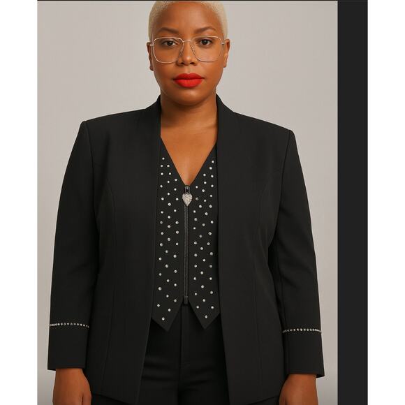 Vintage CrisCione New York Black Blazer Rhinestone Detail Boxy Zip Up Medium - Picture 1 of 8